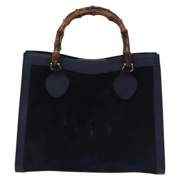 GUCCI Bamboo Hand Bag Suede Leather Navy Gold 002 0260 2615 Auth EC002